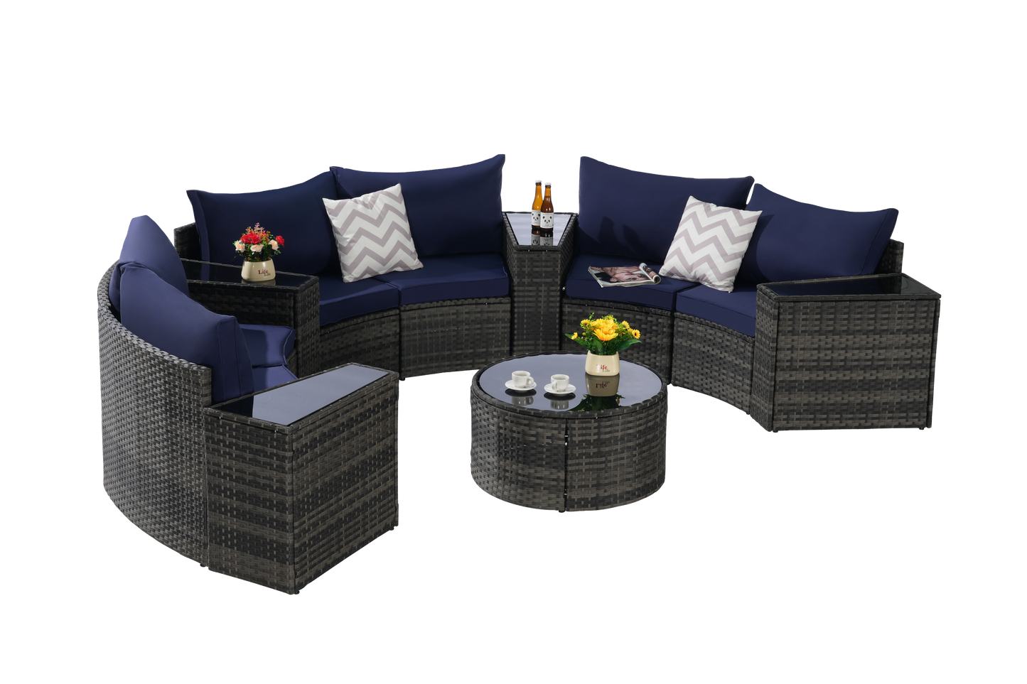 Outdoor Patio Furniture 11-Piece Half-Moon Sectional Round Patio Furniture Set