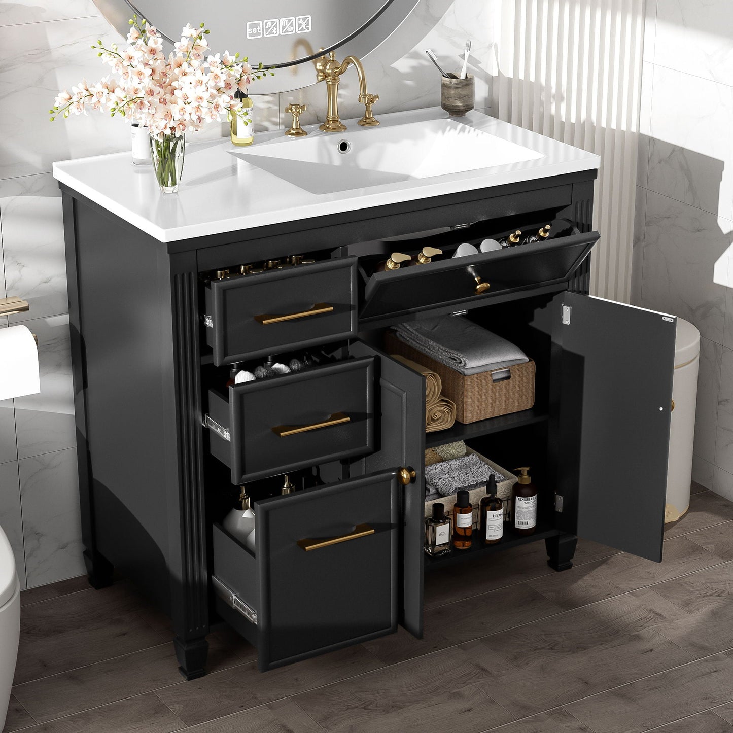 Modern Bathroom Vanity With Ceramic Sink, Freestanding