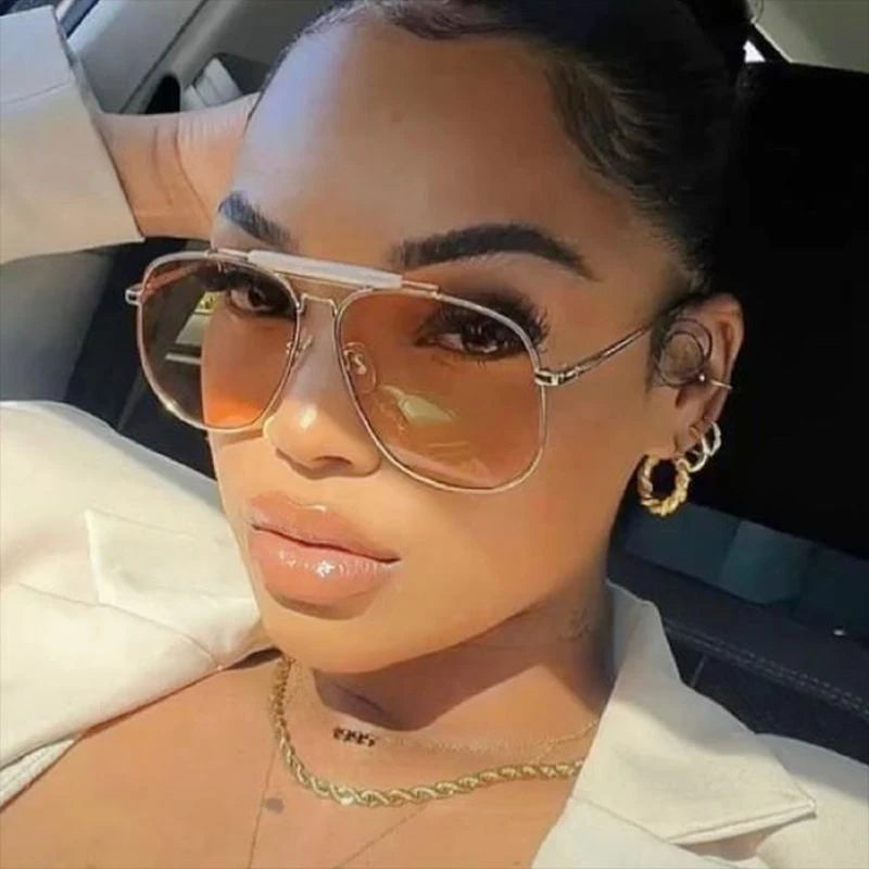 Metal Frame Pilot Sunglasses For Women Double Bridge Champagne Sun Glasses Woman Luxury Square Clear Oversize Shades