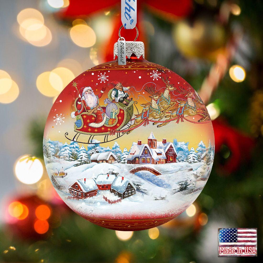 Up-Up and Away Red Glass Ornament Limited Edition by G. DeBrekht - Christmas Santa Snowman Decor - 73842R