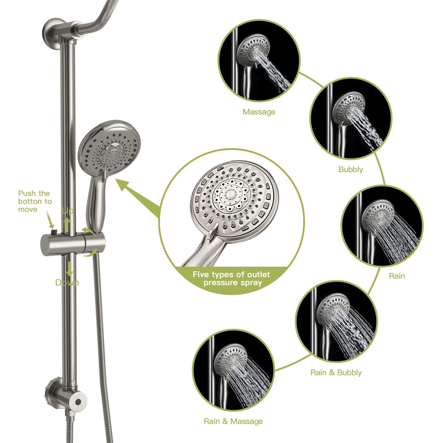 Shower System With 5 Function Rain Hand Shower And Slide Bar Combo