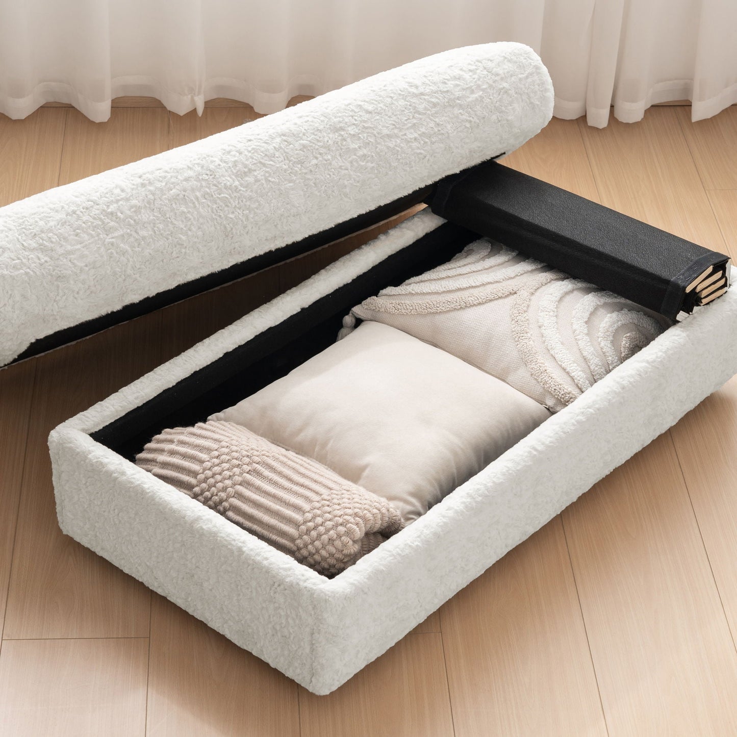 Oversized Chaise Lounge Indoor Rabbit Fur Sofa Bed With Storage Ottoman And Armrests Cup Holders With Deep Seat