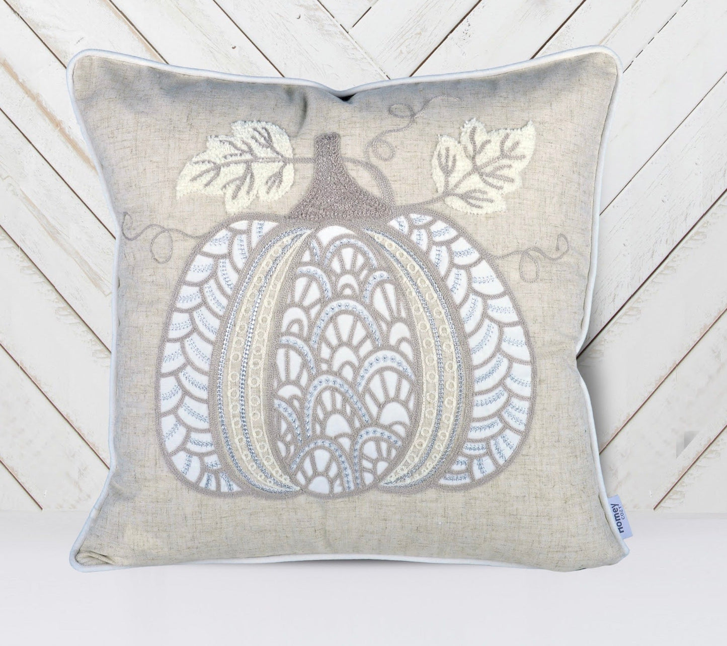 Embroidered Lace Pumpkin Accent Pillow – Neutral Fall Accent Cushion