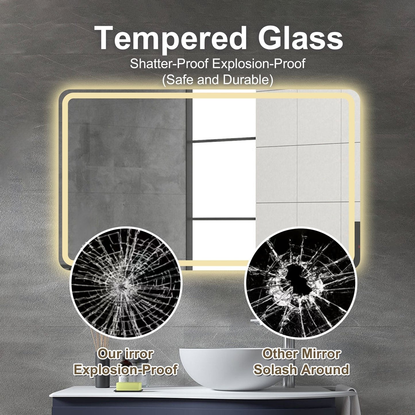 LED Bathroom Mirror Vanity Mirrors With Front Lights Wall Mounted Anti-Fog Frameless Make Up Mirror With Light Copper Free Silver Mirror Horizontal Or Vertical - Silver
