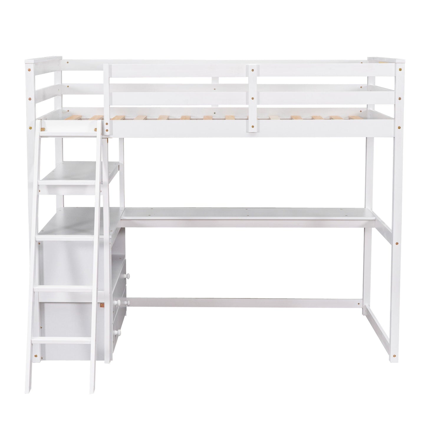 Modern Loft Bed With Built In Desk, Shelves, And 2 Drawers