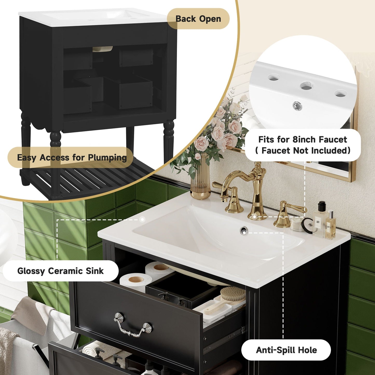 Wave Design Bathroom Vanity With Sink, 2 Drawers And Open Shelf