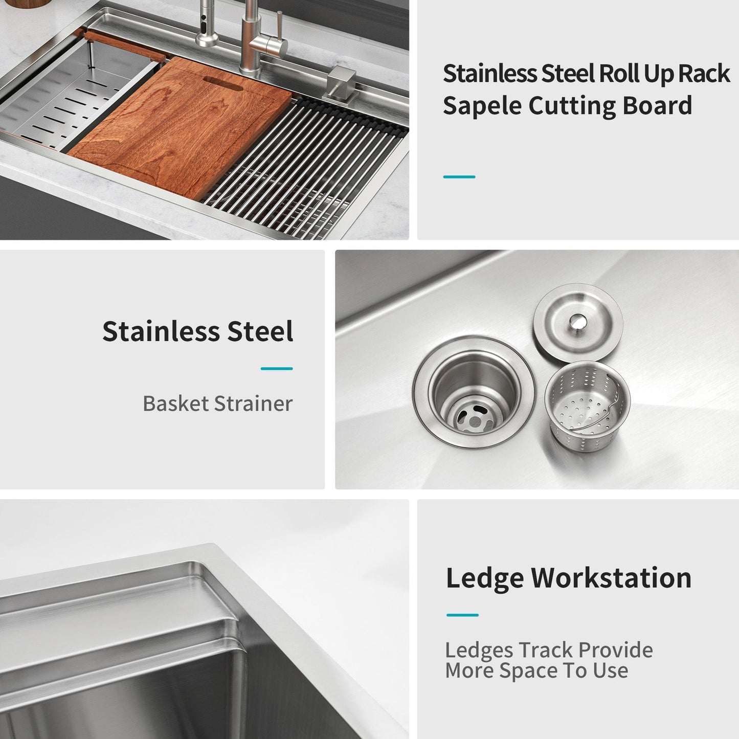 33" Drop In Kitchen Sink With Workstation, 16 Gauge Stainless Steel - Brushed Nickel