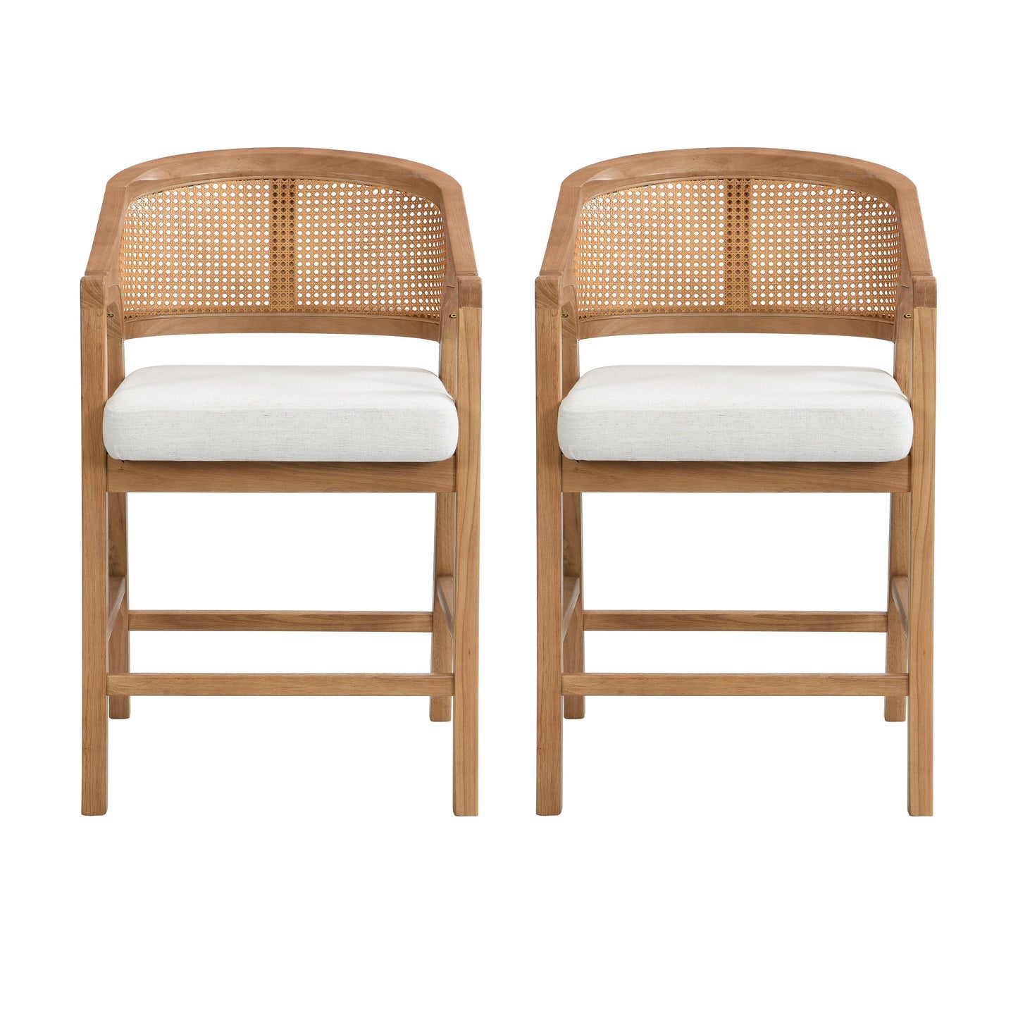 Wooden Frame Counter Stool with Rattan Back - Set of 2