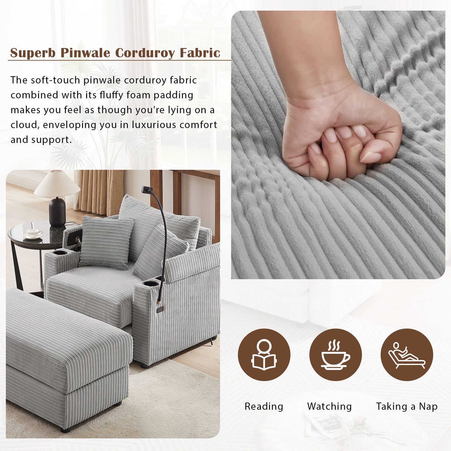 Single Sofa Couch With Storage Space, Movable Ottoman, USB Ports, Cup Holders, Phone Holder