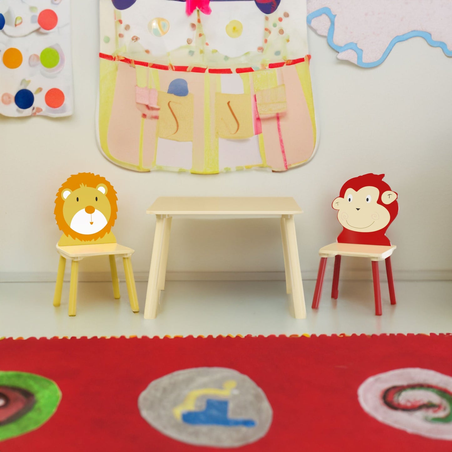Kids Table and 2 Chairs Set 3 Pieces Toddler Table and Chair Set Wooden Activity Play Table Set (Lion&Monkey)