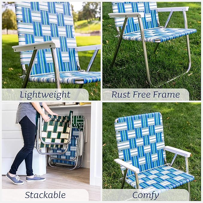 Lawn Chair USA Folding Aluminum Outdoor Patio Lawn Chair | Heavy-Duty Webbed Chairs for Camping, Sports, Beach, Yard & Tailgating | Lightweight Portable | Magnum - Blue Sands with Blue Arms