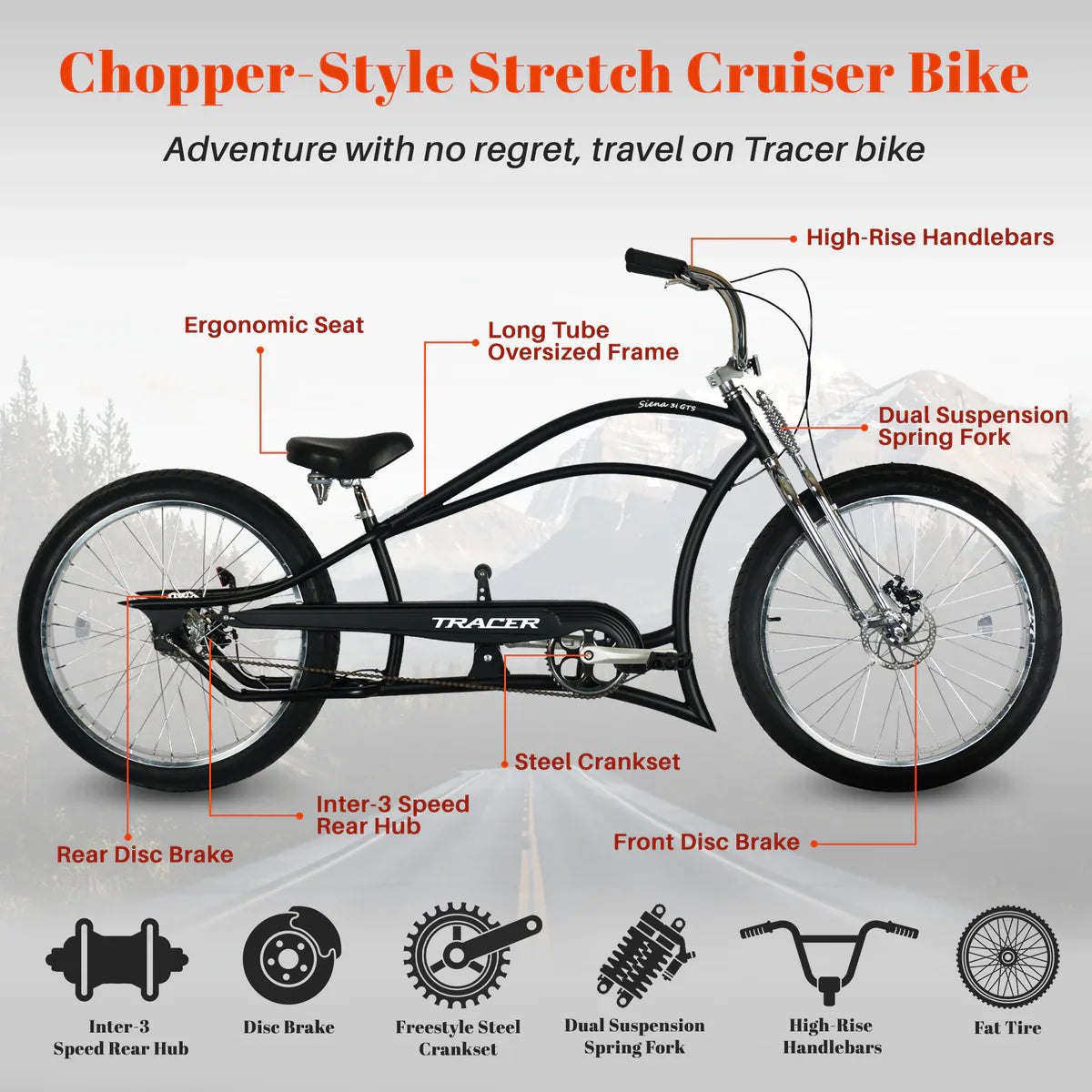 Tracer Siena GTS 3i Internal 3-Speed Classical Stretch Beach Cruiser Bike w/ Shifting Rod