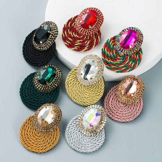 European And American Style Colored Diamond Series Personality Exaggerated Oval Glass Diamond Earrings Handmade Line Braided Earrings