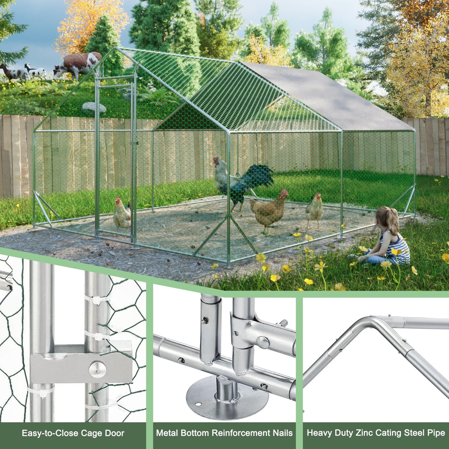 Large metal chicken cage, galvanized iron ribbon waterproof and UV resistant cover (10 'long x 13' wide x 6.56 'high)