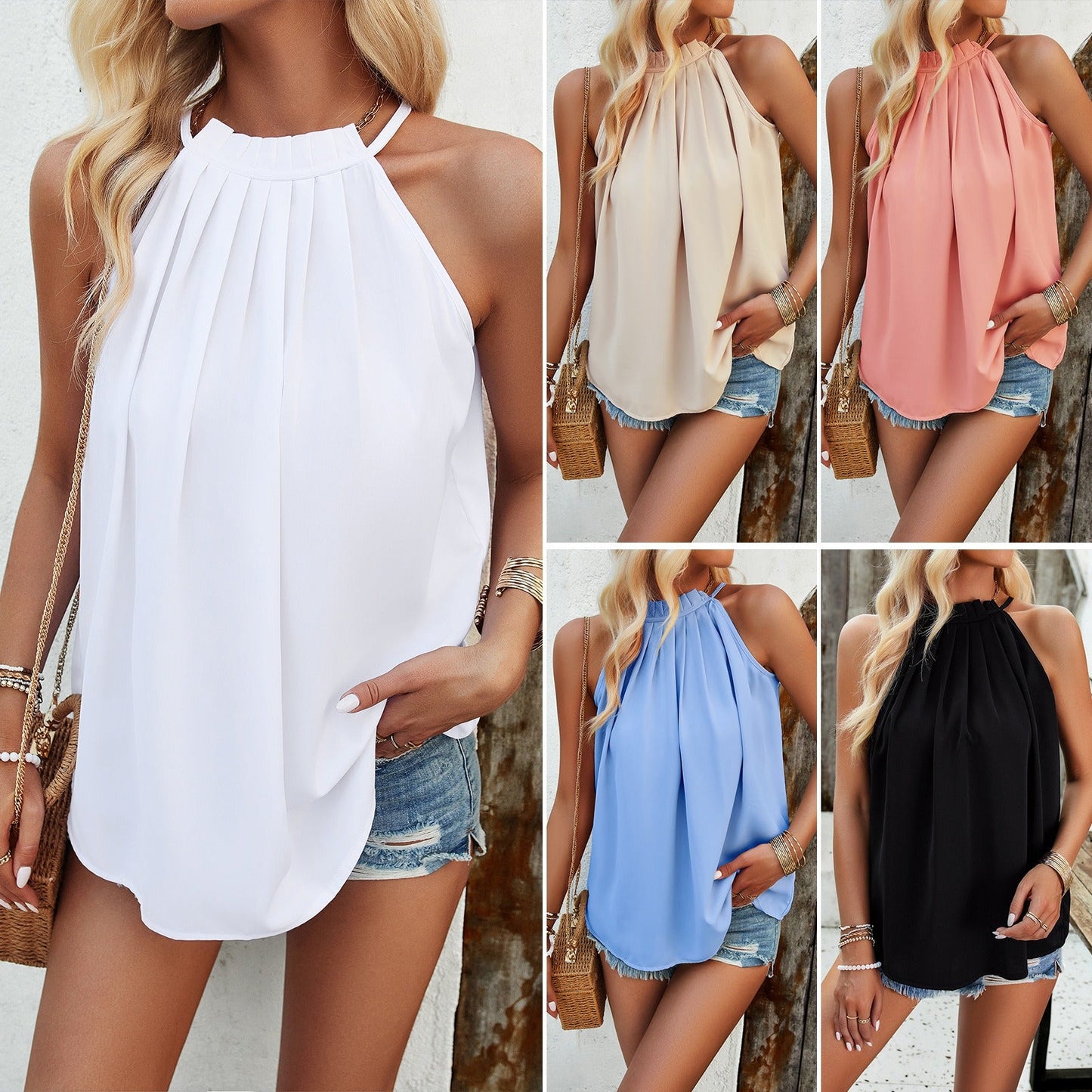 Women's spring and summer temperament casual solid color sleeveless top