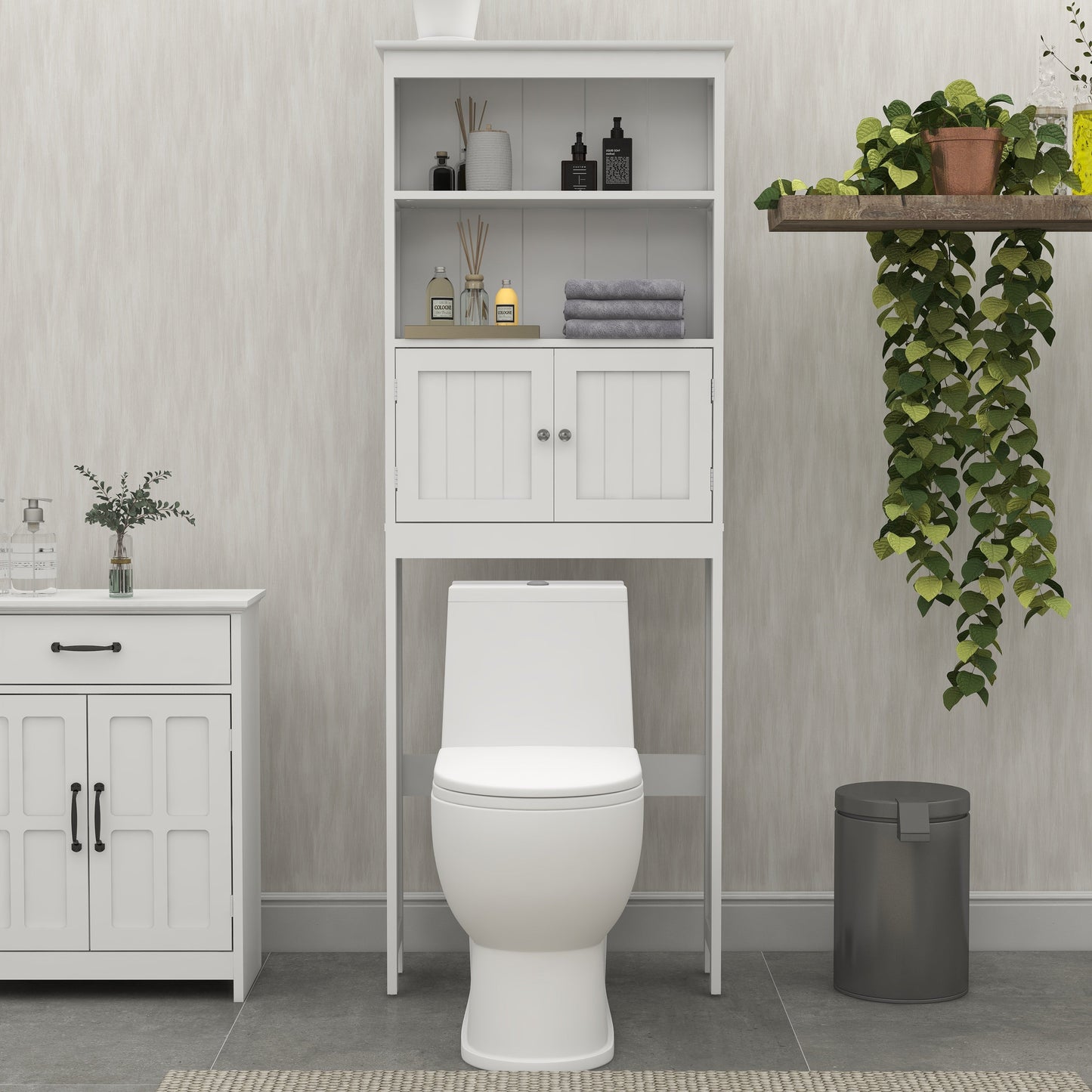 Over The Toilet Rack 2 -Tier Toilet Bathroom Spacesaver Storage Shelf with 2 Doors Wood Storage Organizer Cabinet
