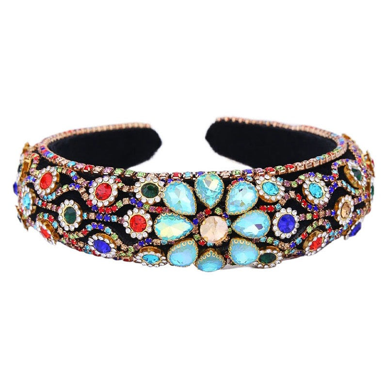 Claw inlaid colored glass diamond flower full diamond wide edge sponge head hoop