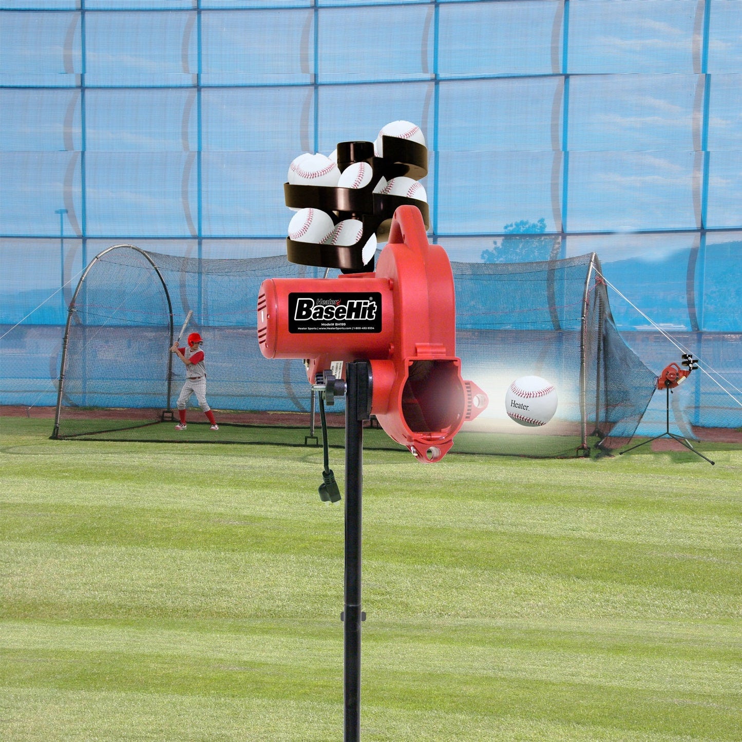 Heater BaseHit Pitching Machine w/ Feeder & Xtender 24' Batting Cage