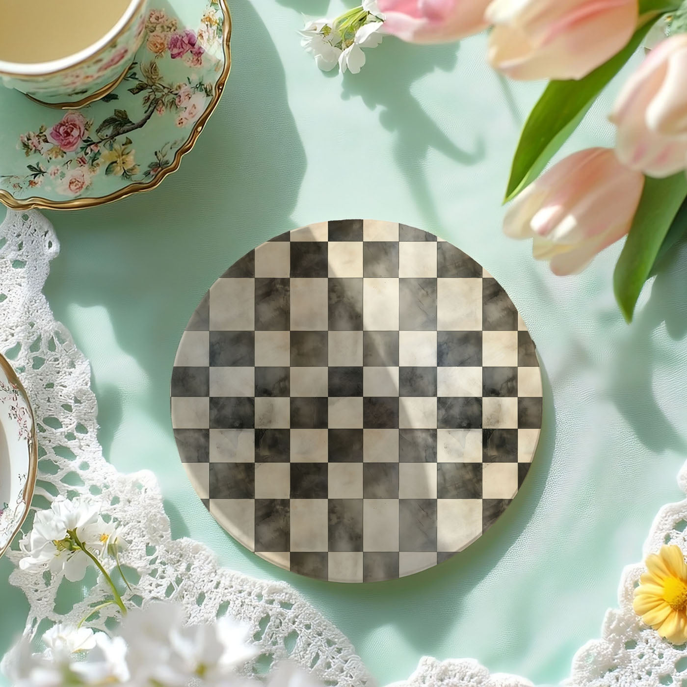 Spring Ceramic Coasters Set of 4 Courtly Check Designs Absorbent Drink Coasters for Table Protection