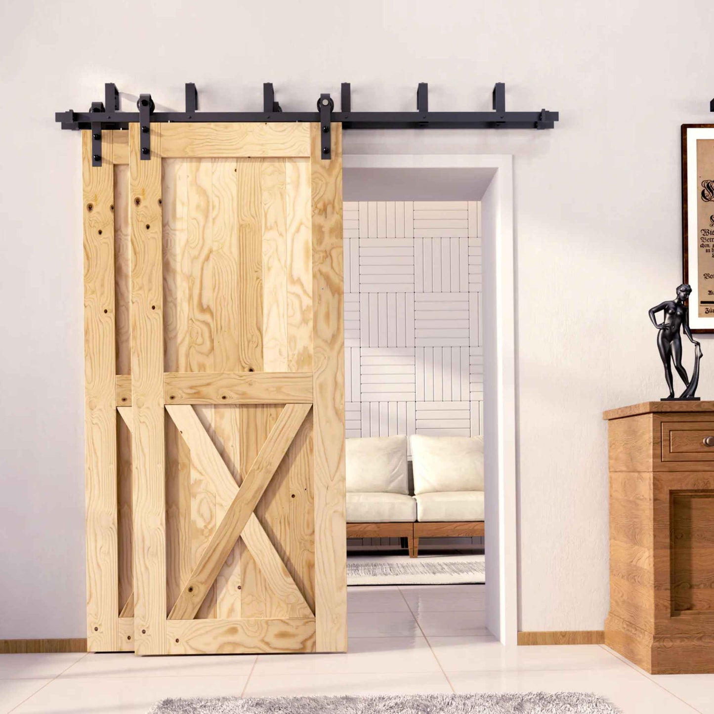 Classic Double Bypass 2 Door Barn Door Kit | Black Hardware
