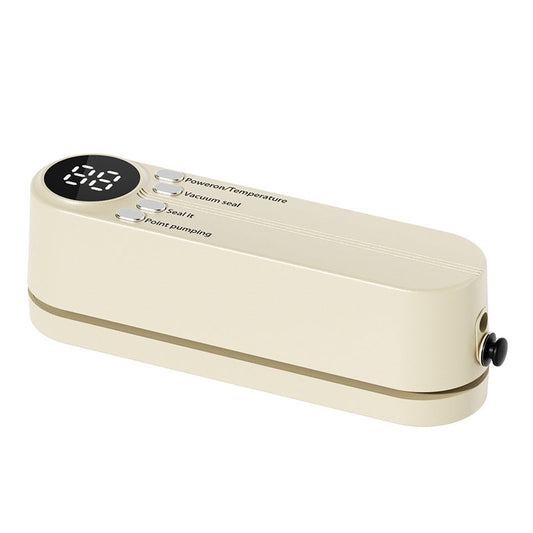 Beige cordless 3 - in - 1 food sealer. For dry/moist food, 4 bags. Seals chip bags, inflates items.