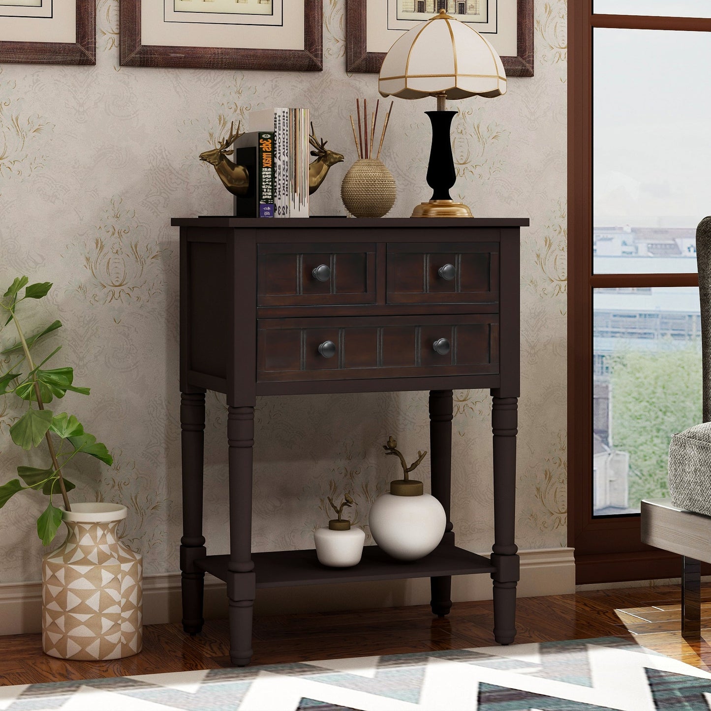 TREXM Narrow Console Desk, Ultra Thin Sofa Table with Three Storage Drawers and Living Room Bottom Shelves (Espresso)
