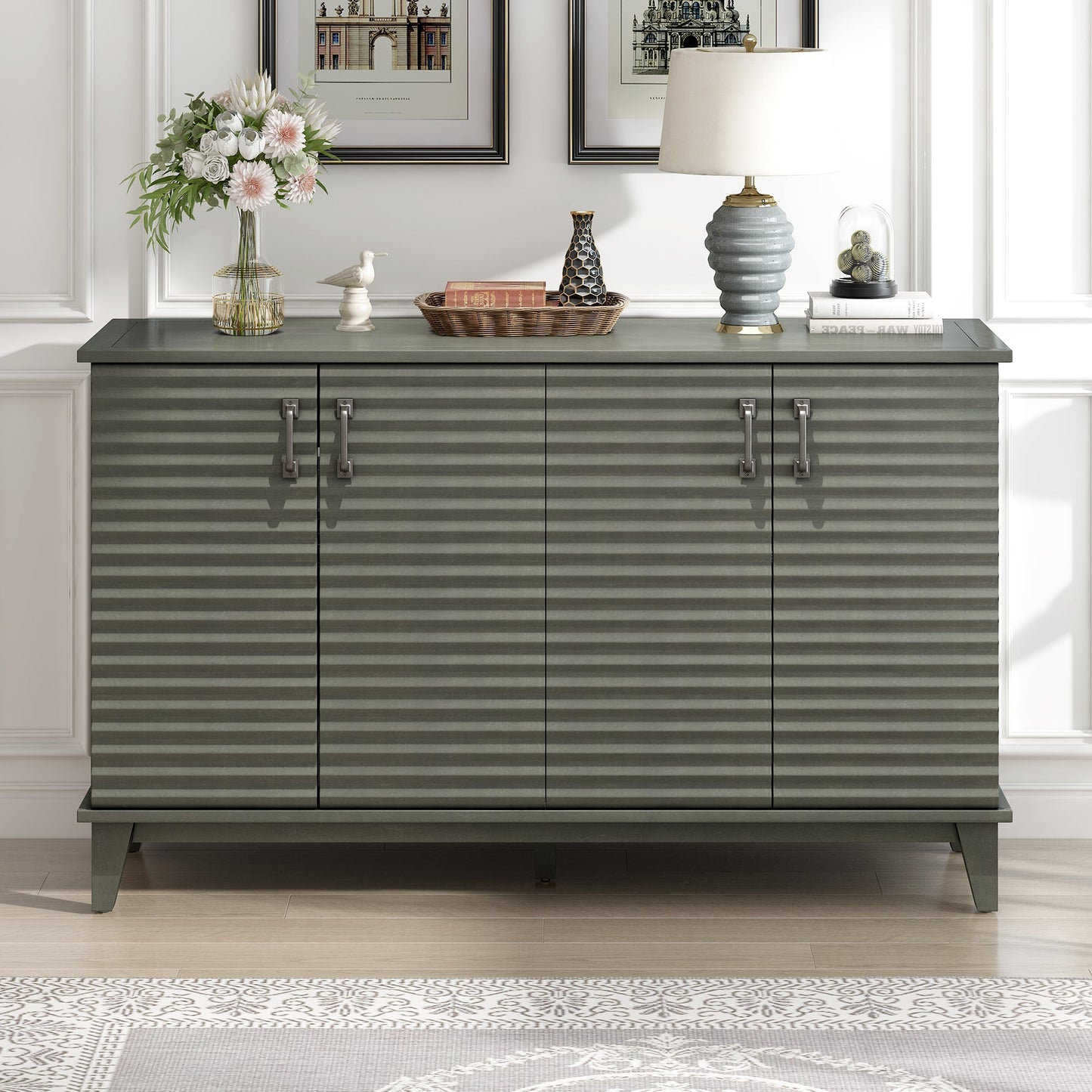 TREXM side panel with 4-door large storage buffet, adjustable shelves and metal handles (antique gray)