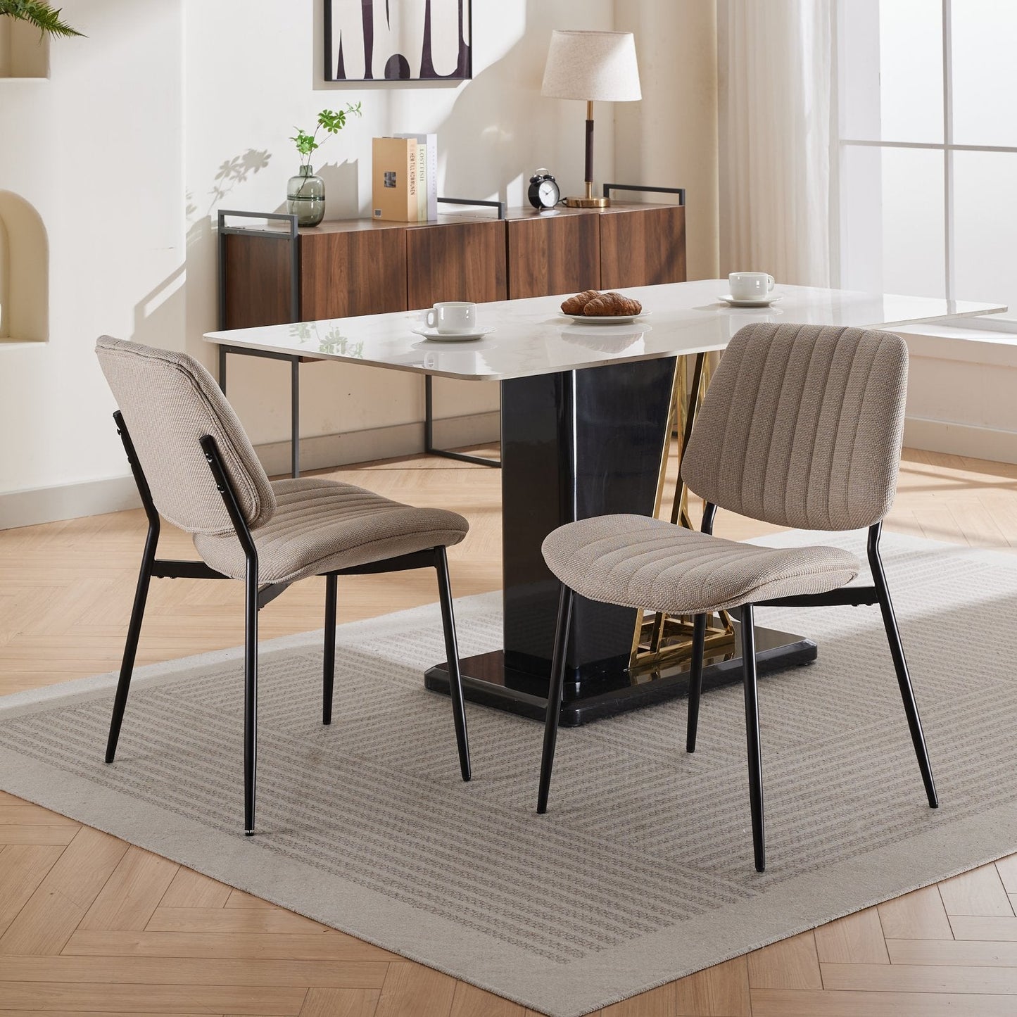 2-piece retro linen chair set with curved wooden backrest, cushioned seat, adjustable metal legs, (Beige Linen)