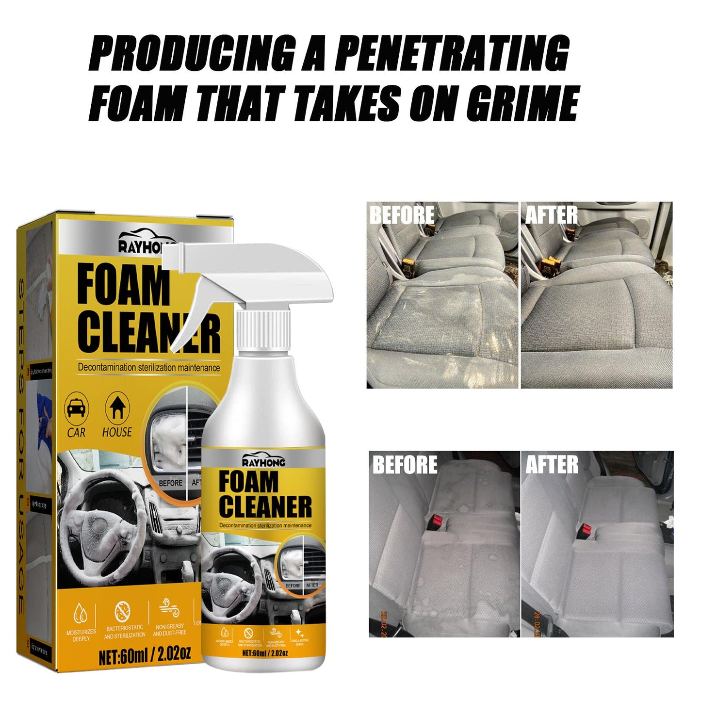 Car Interior Foam Cleaner, Wash Free Decontamination Seat Ceiling Instrument Panel Foam Cleaner