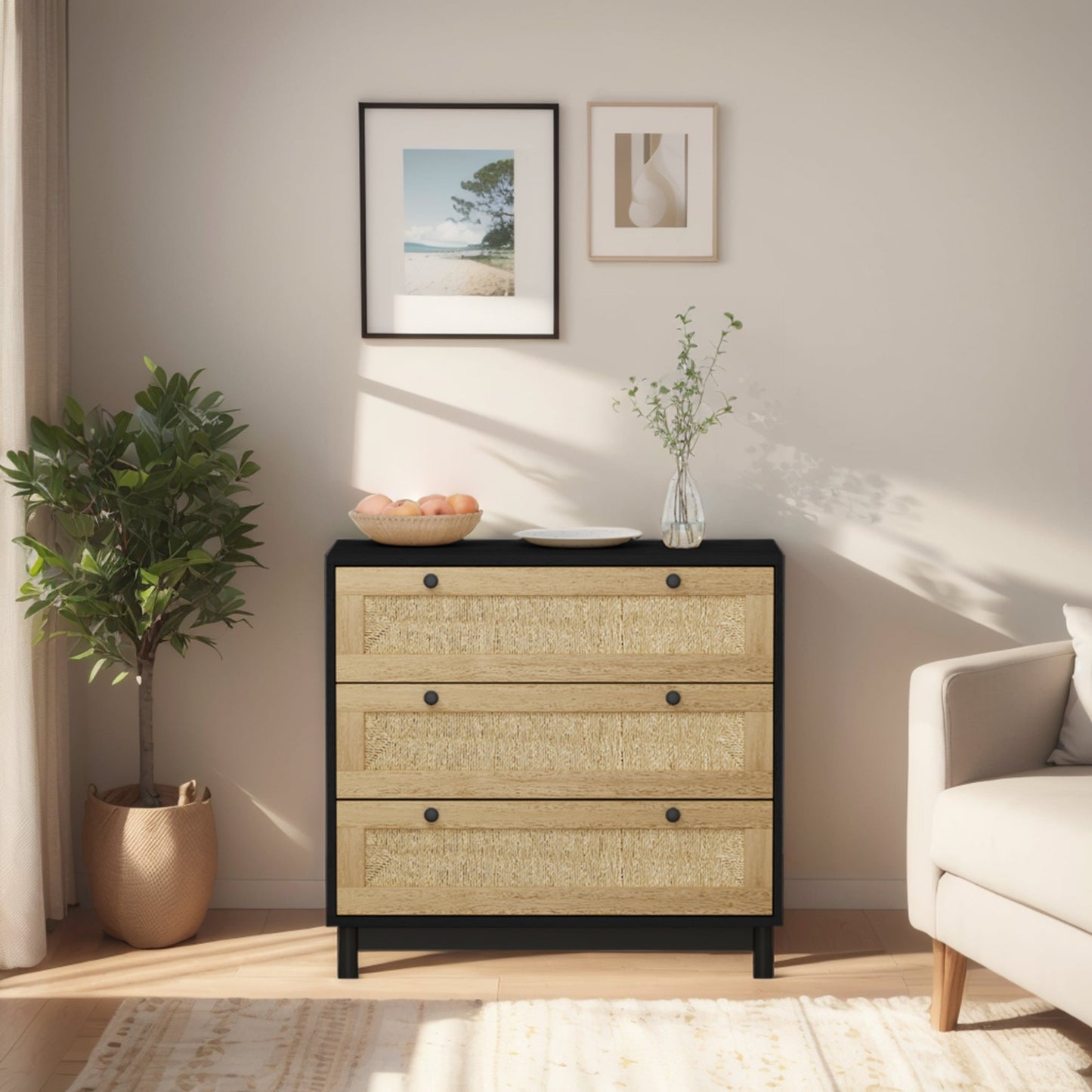 30.31"3-Drawers Storage Cabinet Rope Woven Drawer,for Bedroom,Living Room,Dining Room,Hallways,Black