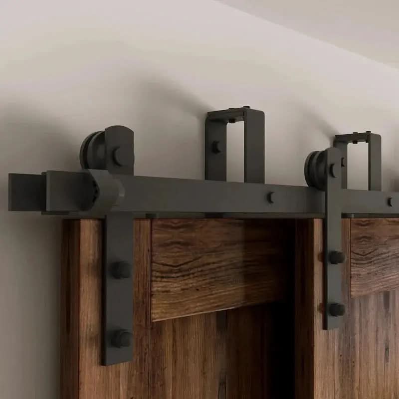 Straight Strap Black Double Bypass Barn Door Hardware Kit