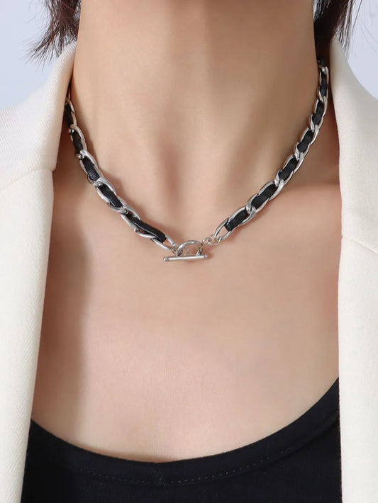 Hip hop design neck chain titanium steel plated 18k real gold leather rope necklace