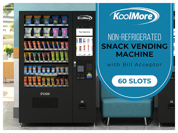 Kool More 50 in. 60-Slot Snack Vending Machine with 22-inch Touch Screen in Black, Non-Refrigerated.