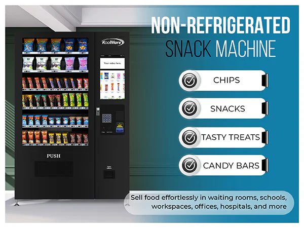 Kool More 50 in. 60-Slot Snack Vending Machine with 22-inch Touch Screen in Black, Non-Refrigerated.
