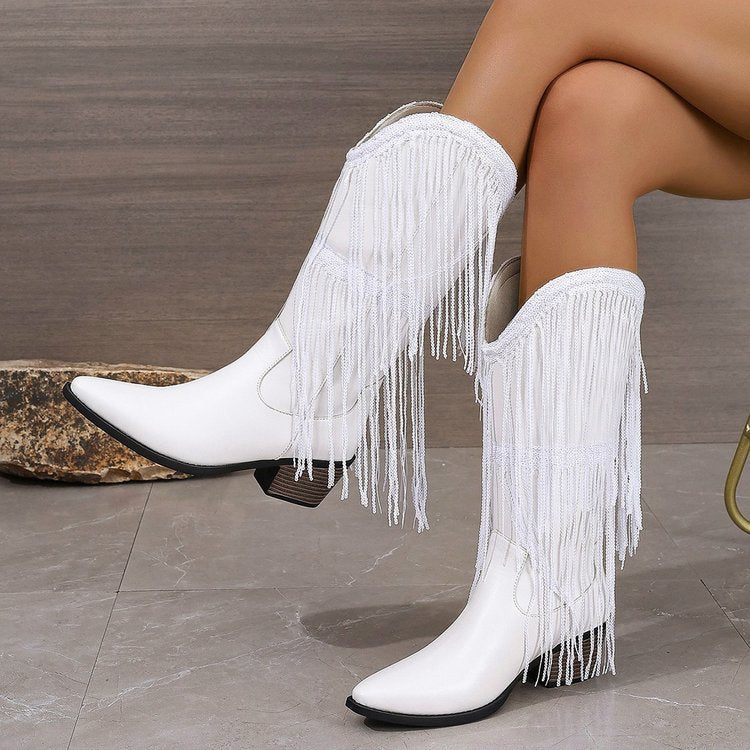 Women Vintage Chunky Heel Wrinkled Slip-on V-Opening Western Cowboy Boots