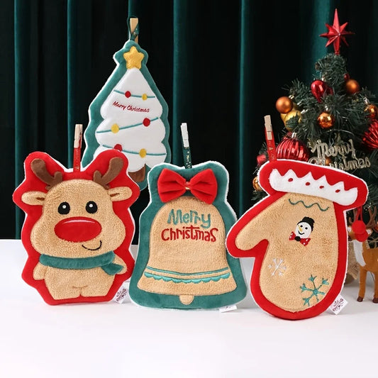 Christmas hand towel hanging style, new thickened coral fleece absorbent quick drying cloth, kitchen embroidery hand towel