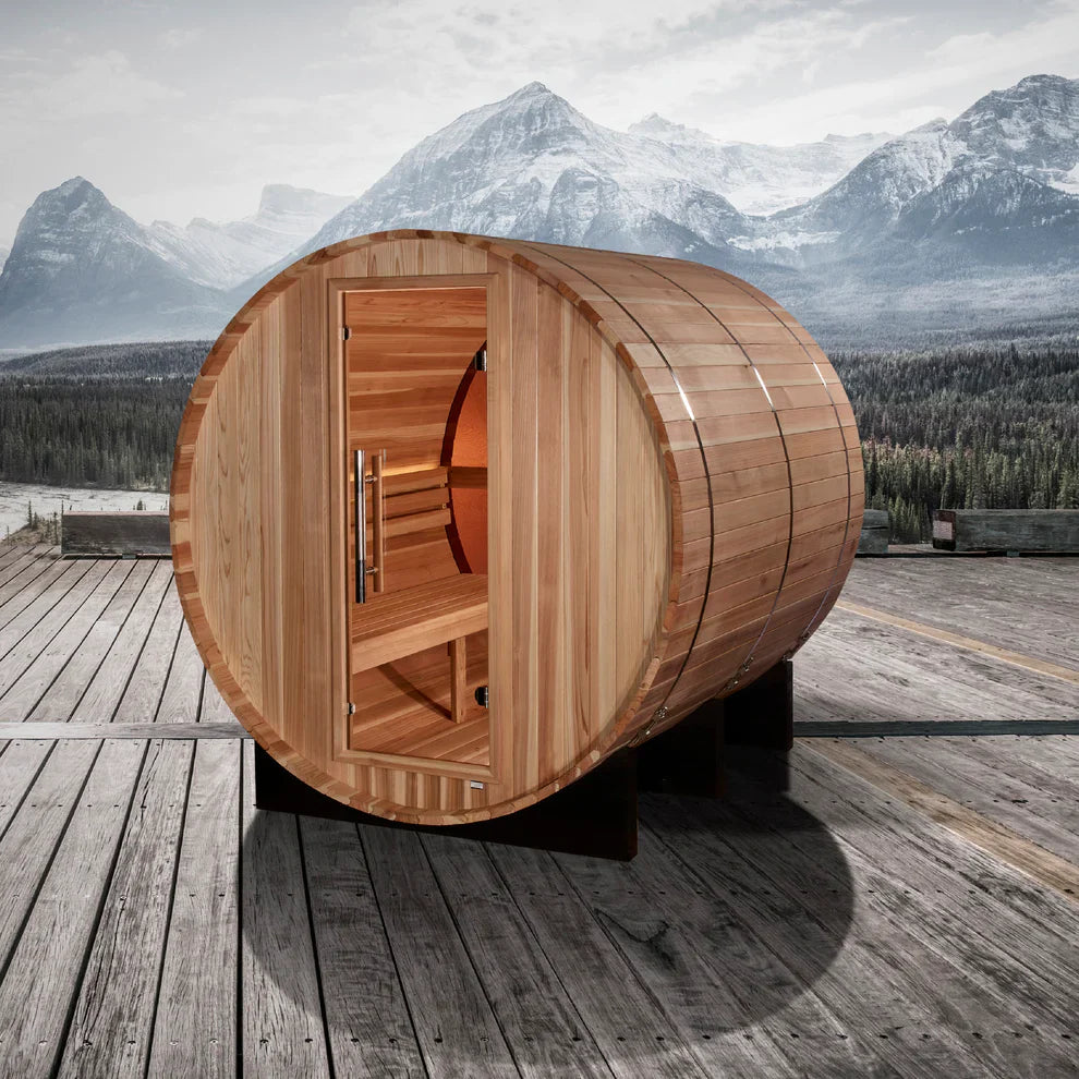 Golden Designs Zurich 4 Person Barrel Sauna with Bronze Privacy View