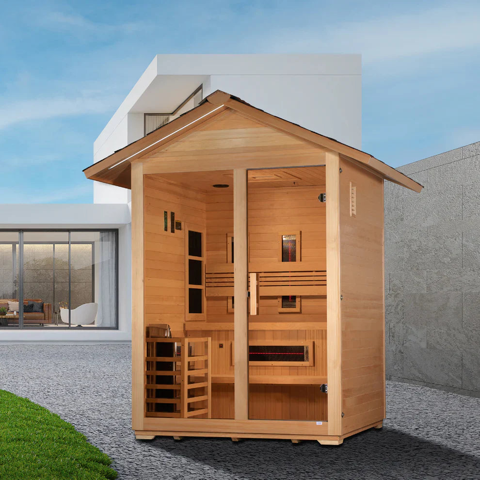 Golden Designs Carinthia 3 Person Hybrid Outdoor Sauna (PureTech™ Full Spectrum IR or Traditional Stove)