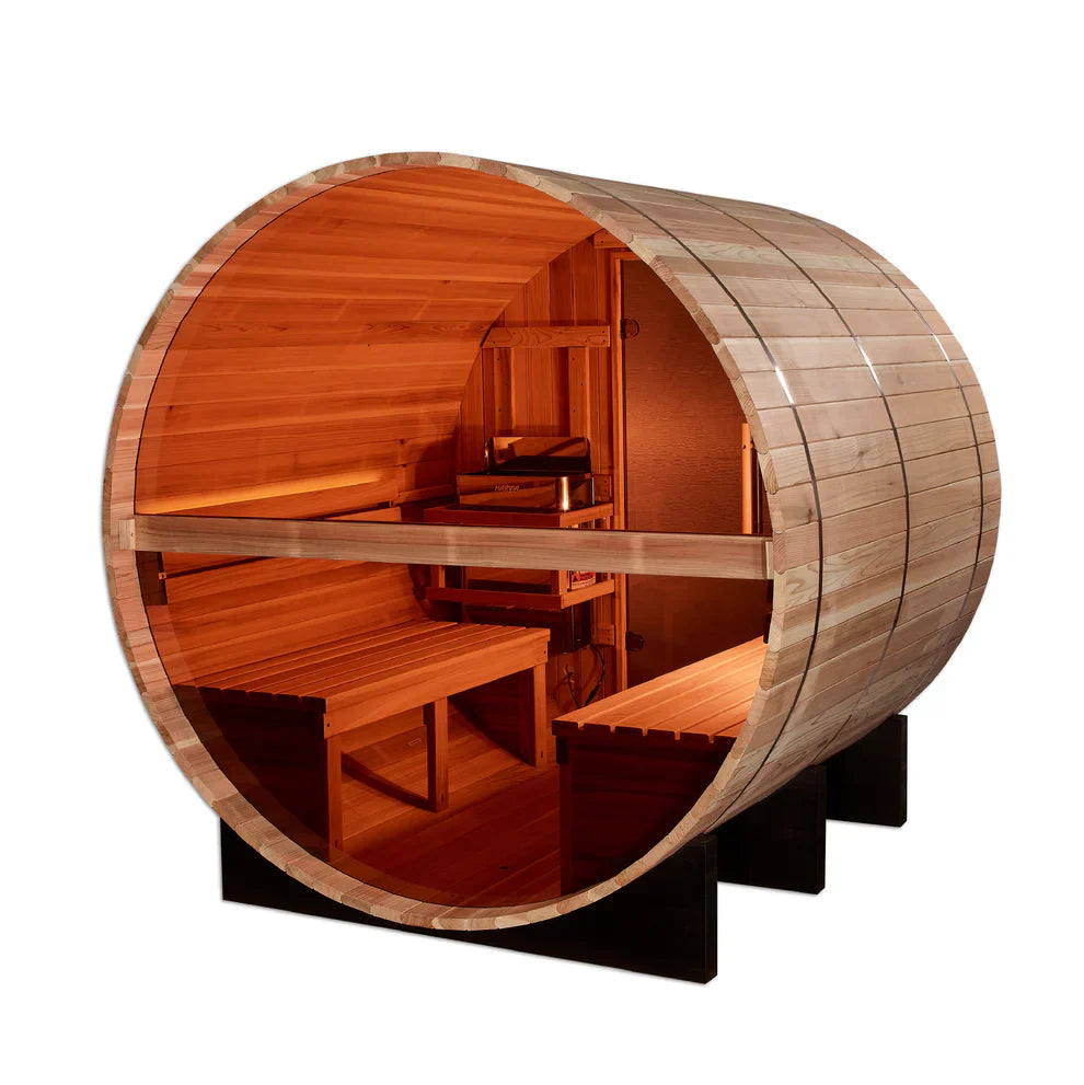Golden Designs Zurich 4 Person Barrel Sauna with Bronze Privacy View
