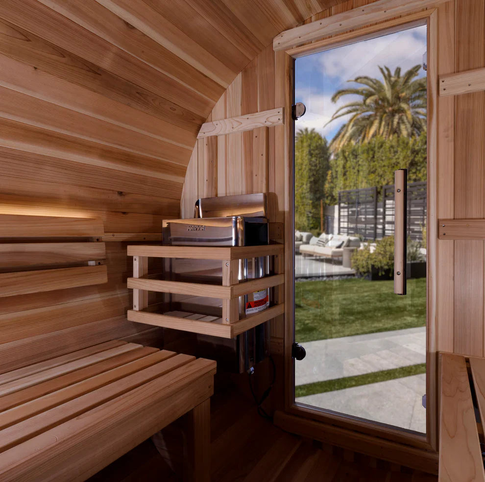 Golden Designs Zurich 4 Person Barrel Sauna with Bronze Privacy View