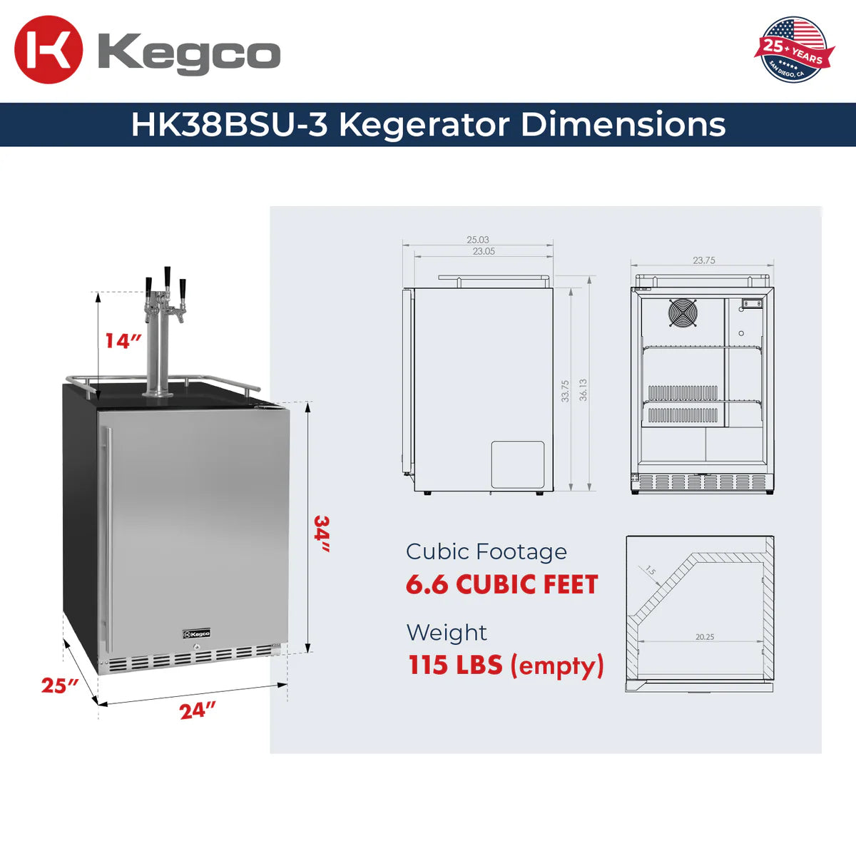Kegco 24" Triple Faucet Built-in Kegerator - Indoor