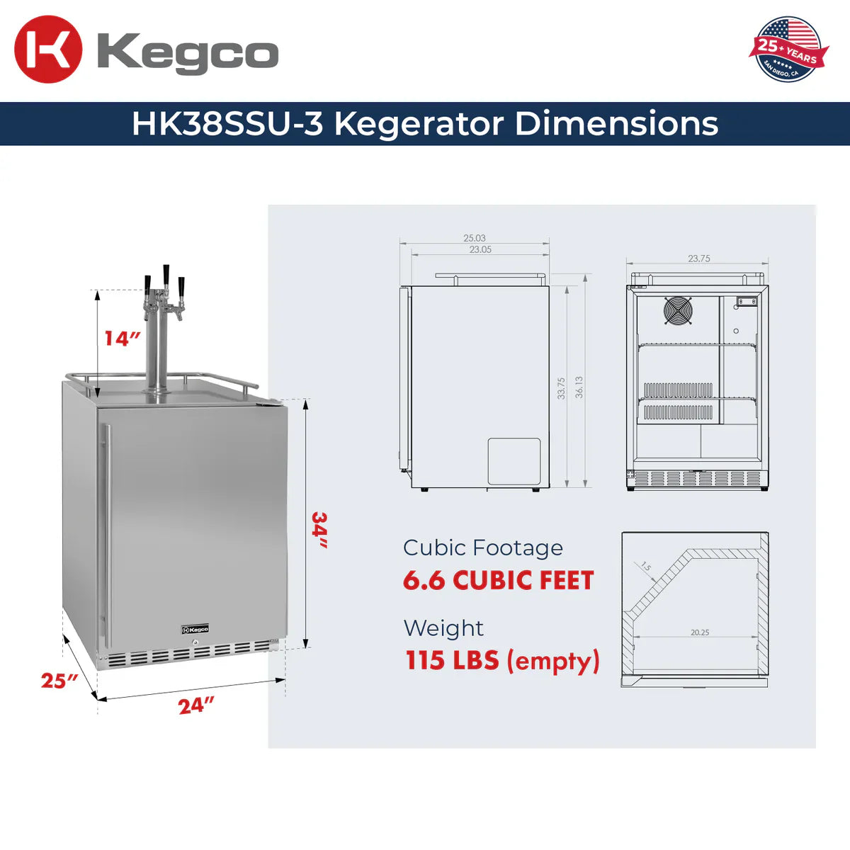 Kegco 24" Triple Faucet Built-in Kegerator - Outdoor