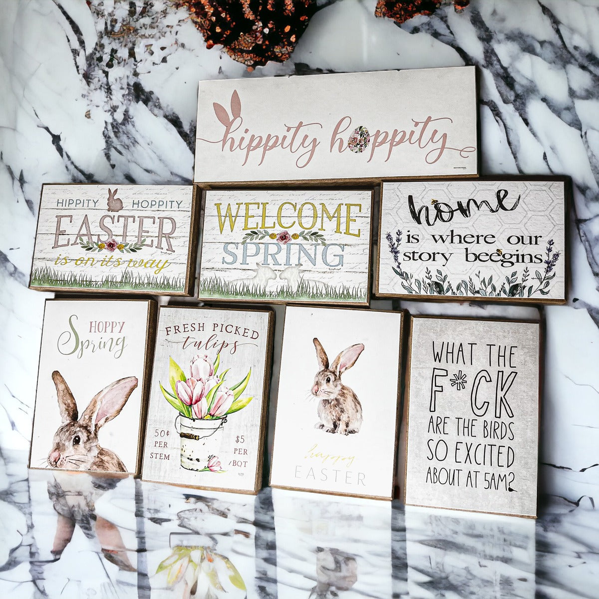 Easter Spring Floral Block Signs Set - Watercolor Bunny and Hippity Hoppity