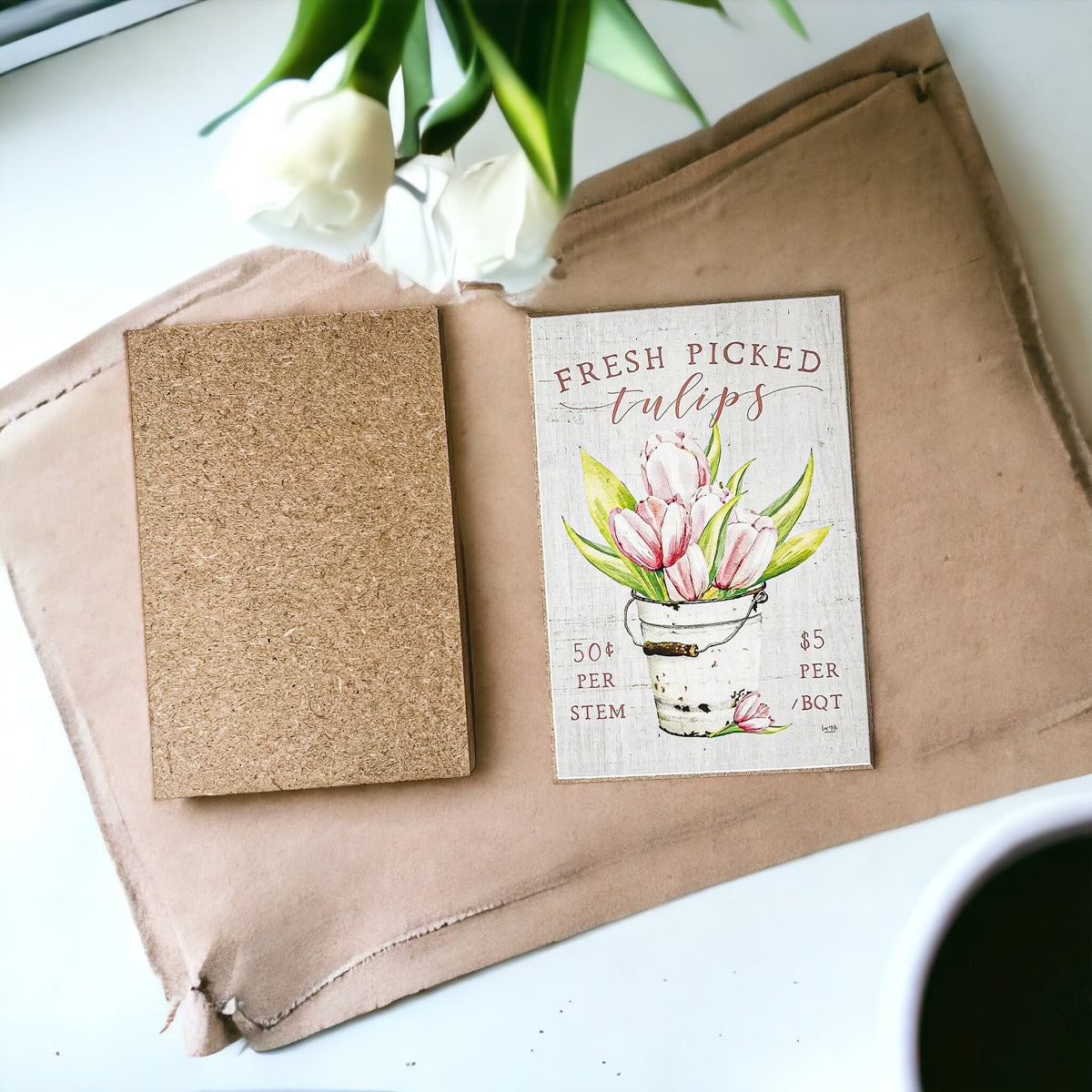 Fresh Tulips Wooden Block Sign Spring Summer Farmhouse Floral Home Decor Rustic Shelf Sitter