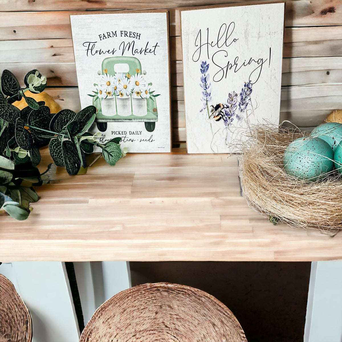 Hello Spring Wooden Block Sign Rustic Farmhouse Shelf Tabletop Decor