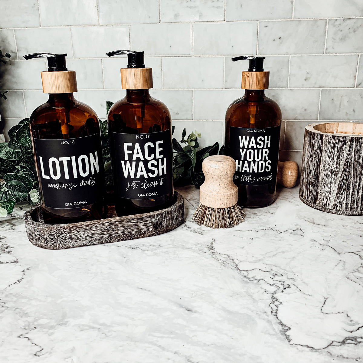 16oz Amber Glass Boston Round Soap Refill Bottle Black Label Set