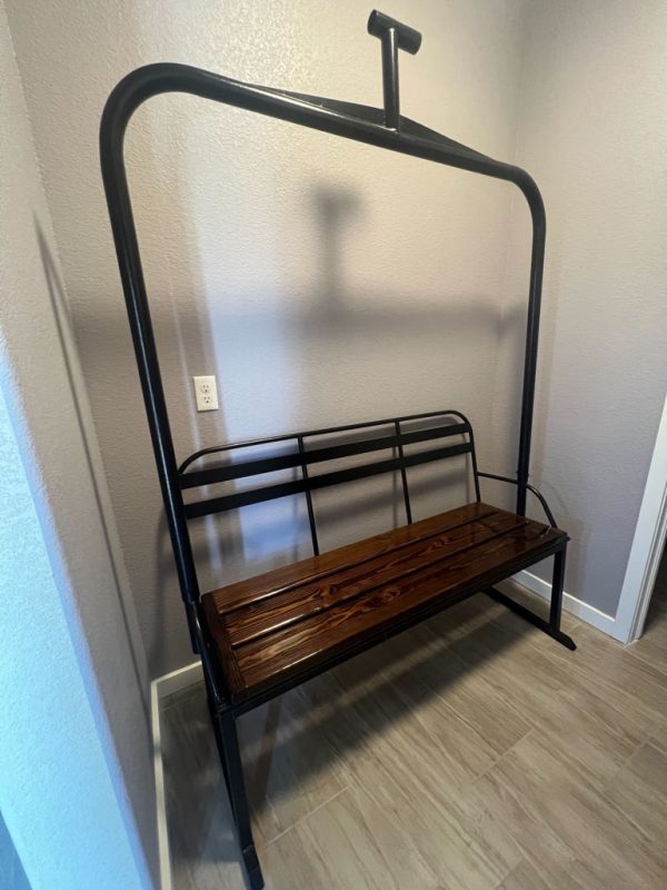 Colorado Ski Furniture Black Powder Coated 3-person Replica Ski Chairlift Bench w/ Wooden Seat