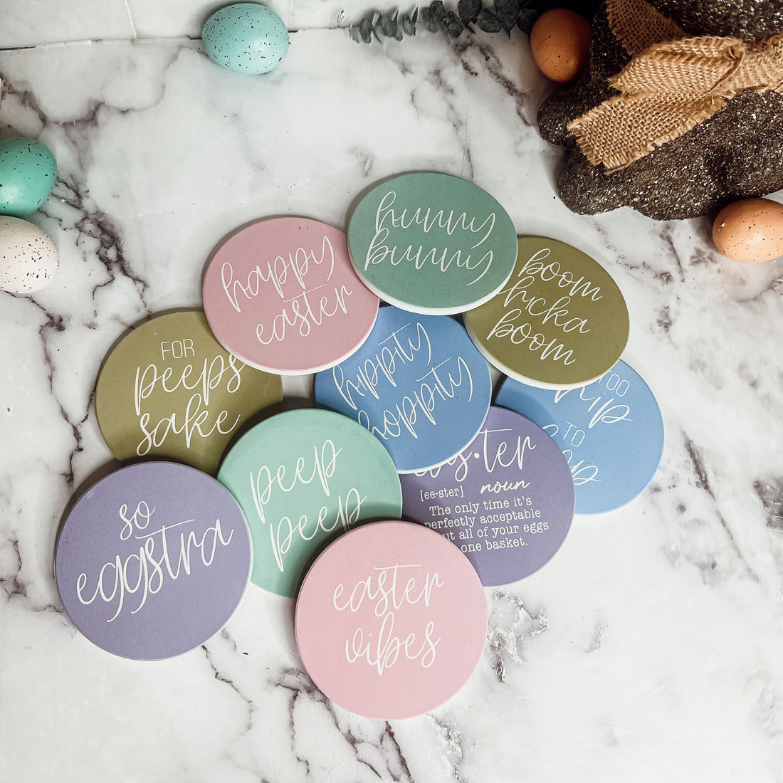 Easter Spring Ceramic Coasters 4in Set Cute Floral Bunny Drink Table Coasters