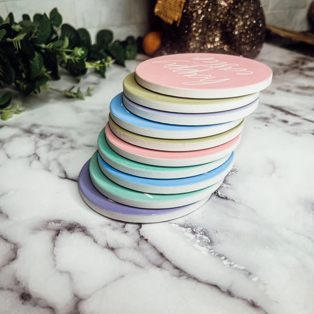 Easter Spring Ceramic Coasters 4in Set Cute Floral Bunny Drink Table Coasters