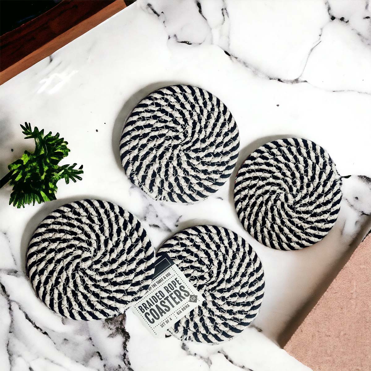 Blue Braided Holiday Coaster Set 4 Pack Candy Cane Stripe Table Protectors Absorbent Drink Mats